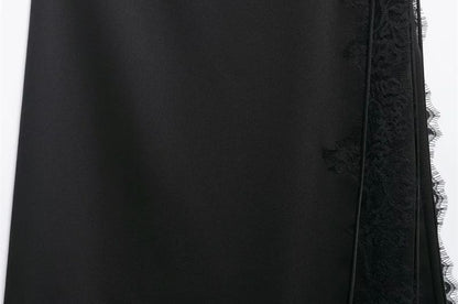 Lace Trim Midi A-Line Skirt - High Waist