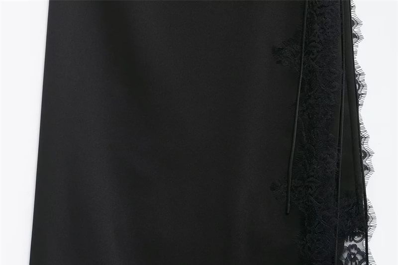 Lace Trim Midi A-Line Skirt - High Waist