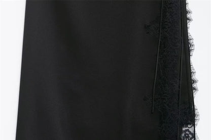 Lace Trim Midi A-Line Skirt - High Waist