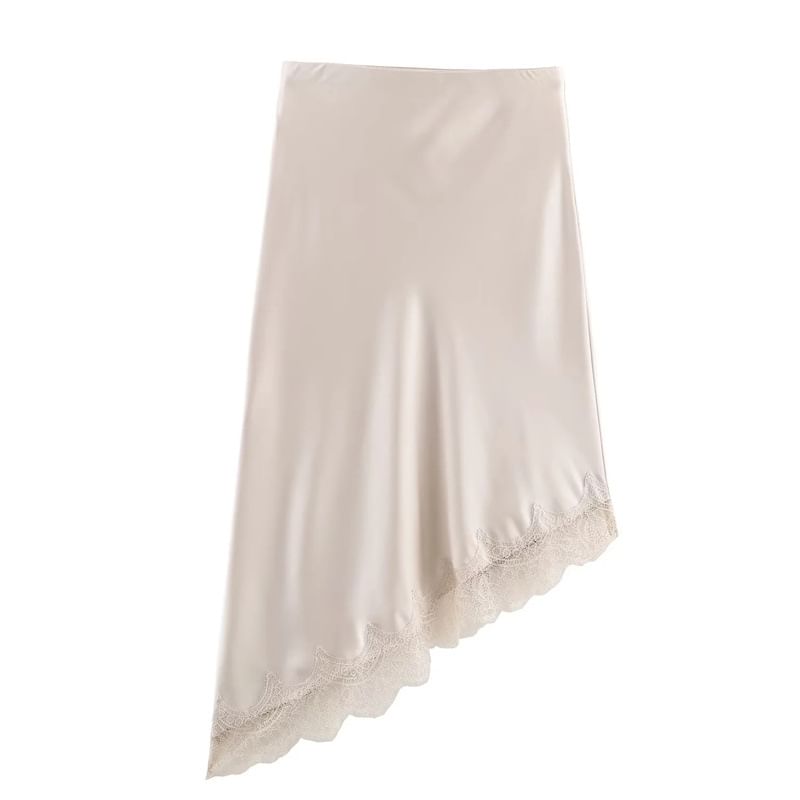 Lace Trim Asymmetrical Midi A-Line Skirt - High Rise
