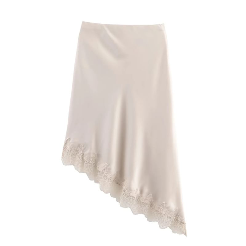 Lace Trim Asymmetrical Midi A-Line Skirt - High Rise