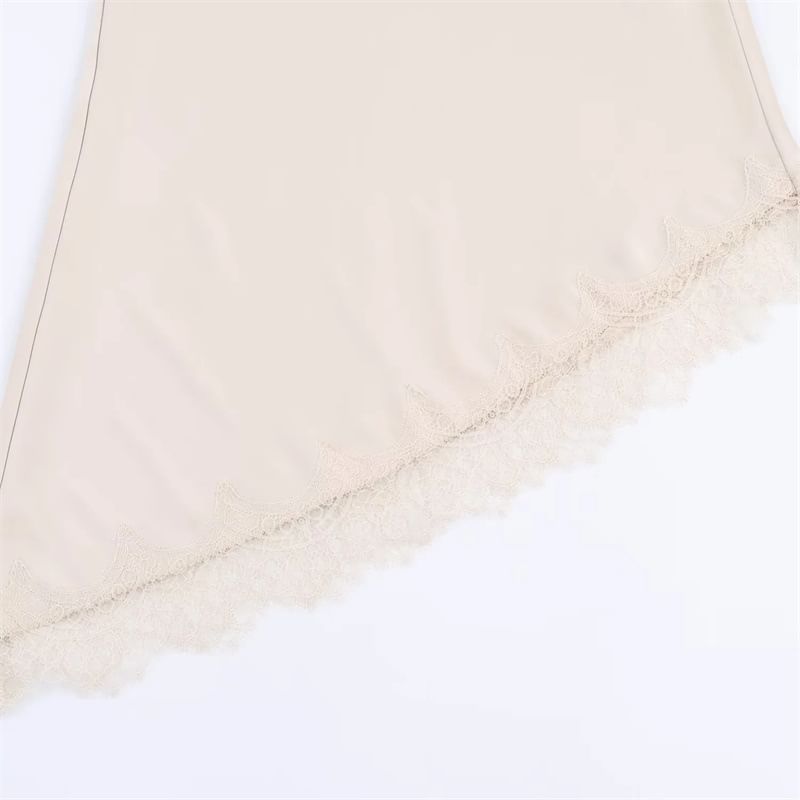Lace Trim Asymmetrical Midi A-Line Skirt - High Rise