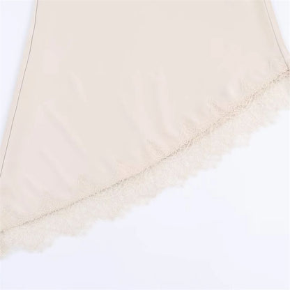 Lace Trim Asymmetrical Midi A-Line Skirt - High Rise
