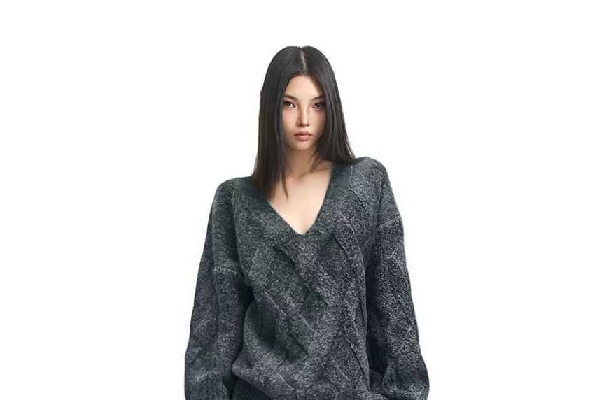 V-Neck Cable Knit Sweater & Ribbed Midi Pencil Skirt Set