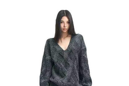 V-Neck Cable Knit Sweater & Ribbed Midi Pencil Skirt Set