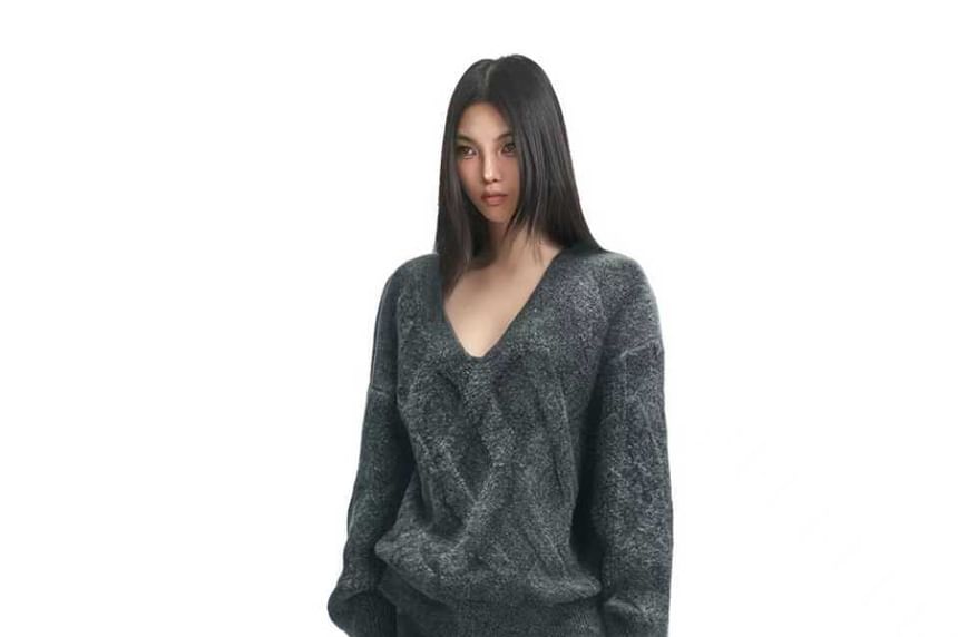 V-Neck Cable Knit Sweater & Ribbed Midi Pencil Skirt Set