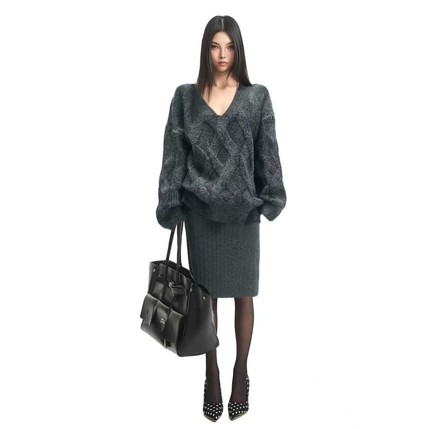 V-Neck Cable Knit Sweater & Ribbed Midi Pencil Skirt Set