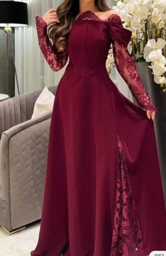 Long Sleeve Off Shoulder Plain Panel Lace A-Line Evening Gown