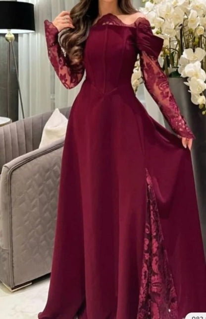 Long Sleeve Off Shoulder Plain Panel Lace A-Line Evening Gown
