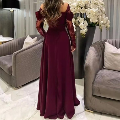 Long Sleeve Off Shoulder Plain Panel Lace A-Line Evening Gown