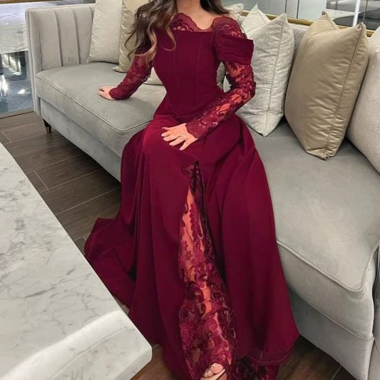 Long Sleeve Off Shoulder Plain Panel Lace A-Line Evening Gown