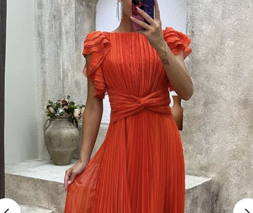 Flutter Sleeve Boat Neck Plain Pleated A-Line Evening Gown