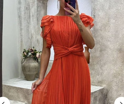 Flutter Sleeve Boat Neck Plain Pleated A-Line Evening Gown