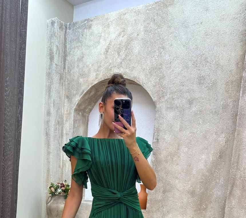 Flutter Sleeve Boat Neck Plain Pleated A-Line Evening Gown