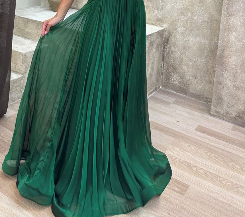 Flutter Sleeve Boat Neck Plain Pleated A-Line Evening Gown