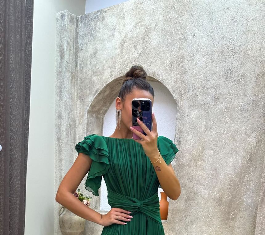 Flutter Sleeve Boat Neck Plain Pleated A-Line Evening Gown