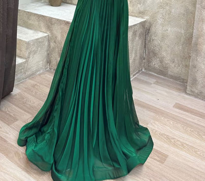 Flutter Sleeve Boat Neck Plain Pleated A-Line Evening Gown