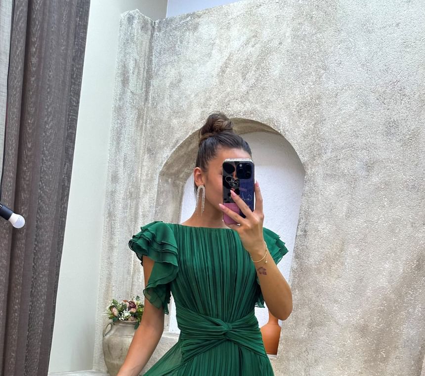 Flutter Sleeve Boat Neck Plain Pleated A-Line Evening Gown