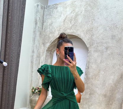 Flutter Sleeve Boat Neck Plain Pleated A-Line Evening Gown