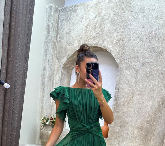 Flutter Sleeve Boat Neck Plain Pleated A-Line Evening Gown