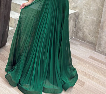 Flutter Sleeve Boat Neck Plain Pleated A-Line Evening Gown