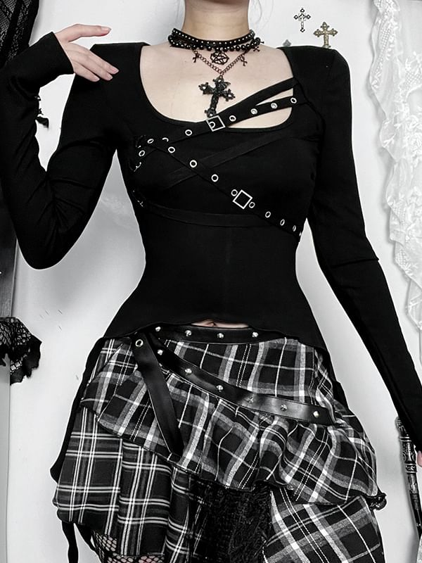 Long-Sleeve Square Neck Buckled Top - Mid Rise Plaid Asymmetrical Mini Skirt