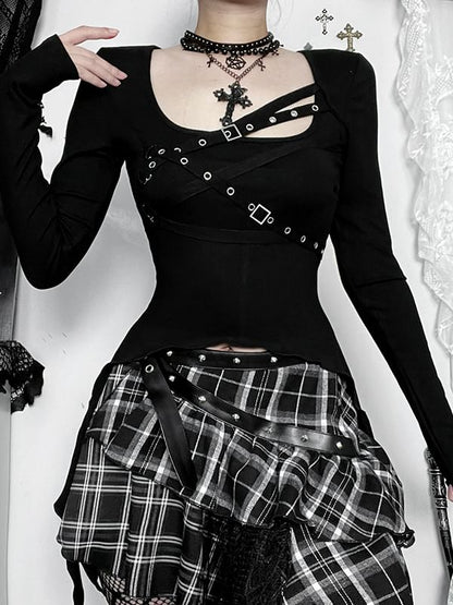 Long-Sleeve Square Neck Buckled Top - Mid Rise Plaid Asymmetrical Mini Skirt