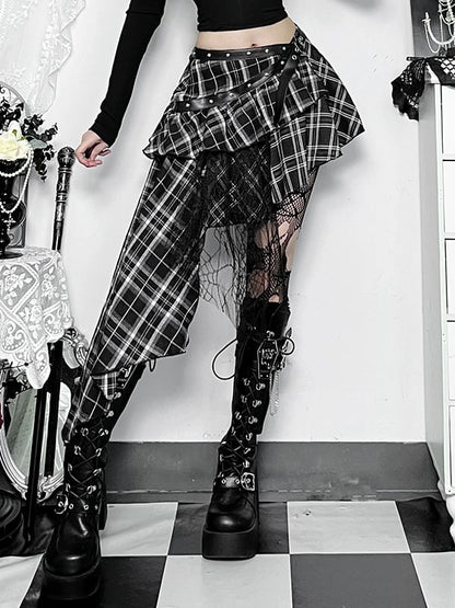 Long-Sleeve Square Neck Buckled Top - Mid Rise Plaid Asymmetrical Mini Skirt