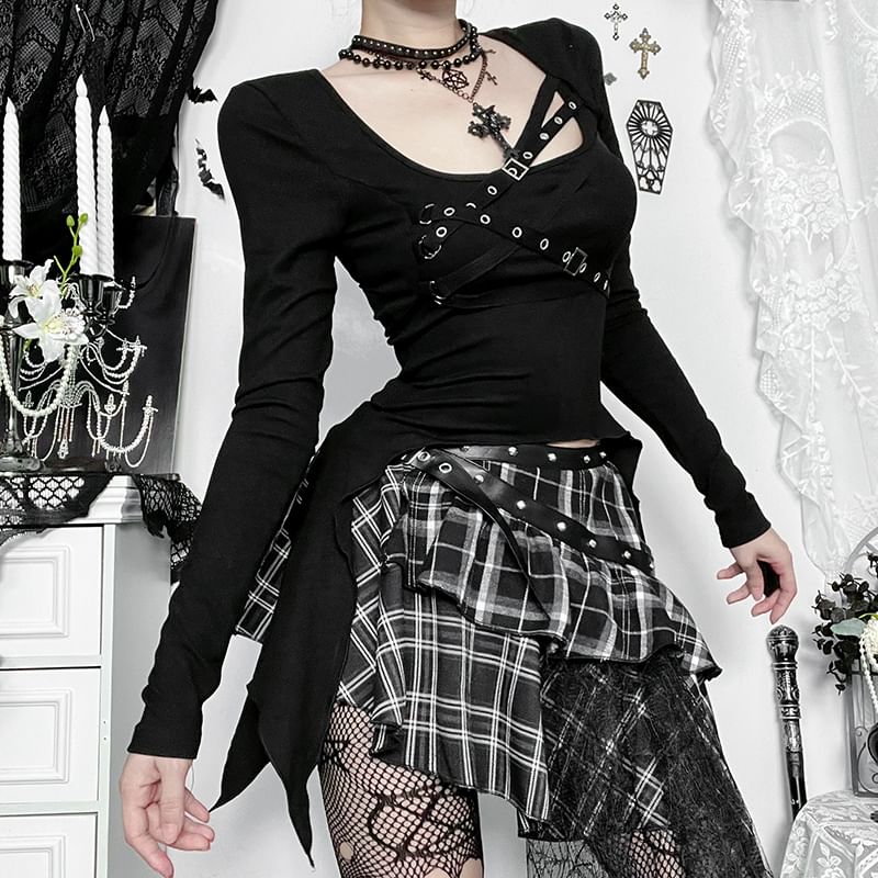 Long-Sleeve Square Neck Buckled Top - Mid Rise Plaid Asymmetrical Mini Skirt