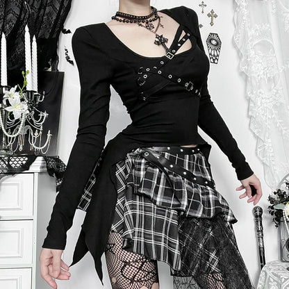 Long-Sleeve Square Neck Buckled Top - Mid Rise Plaid Asymmetrical Mini Skirt