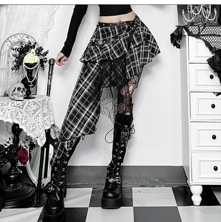 Long-Sleeve Square Neck Buckled Top - Mid Rise Plaid Asymmetrical Mini Skirt