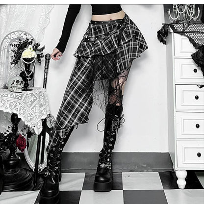 Long-Sleeve Square Neck Buckled Top - Mid Rise Plaid Asymmetrical Mini Skirt