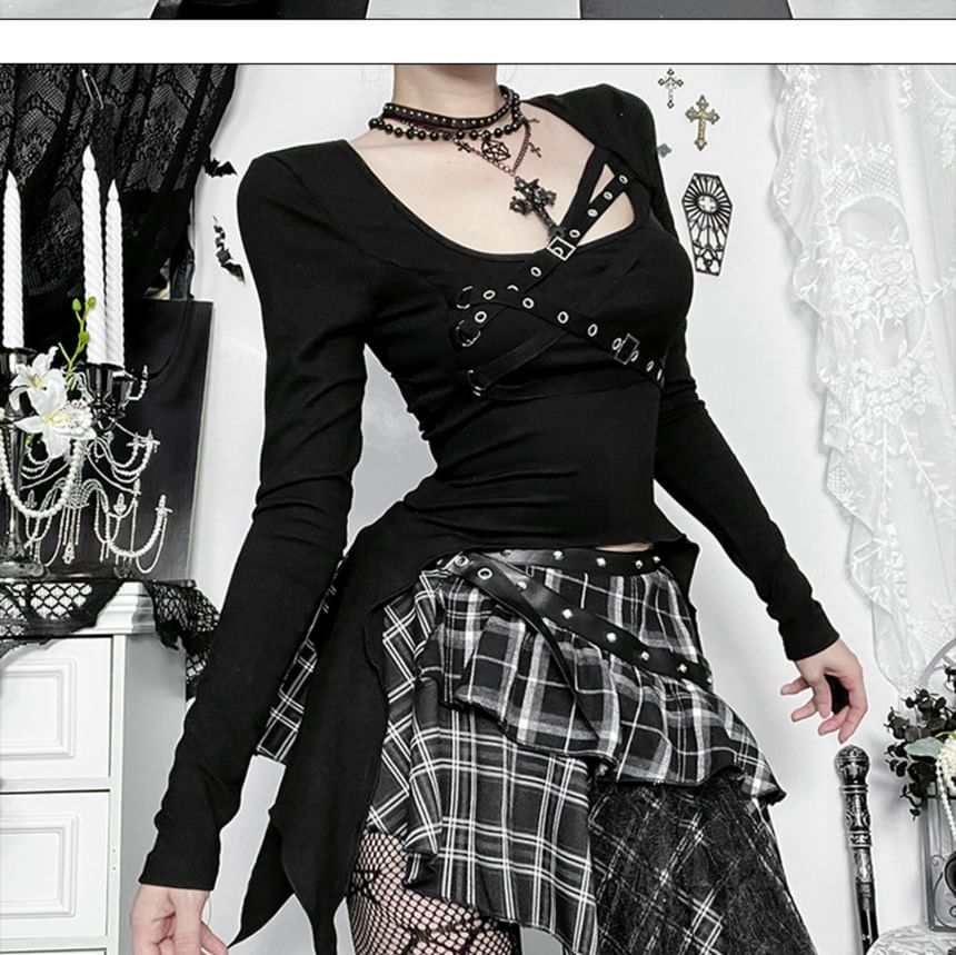 Long-Sleeve Square Neck Buckled Top - Mid Rise Plaid Asymmetrical Mini Skirt