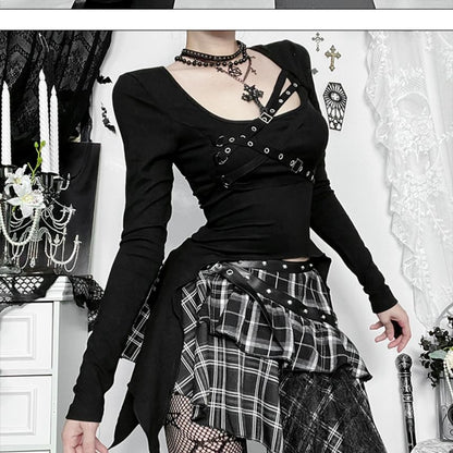 Long-Sleeve Square Neck Buckled Top - Mid Rise Plaid Asymmetrical Mini Skirt