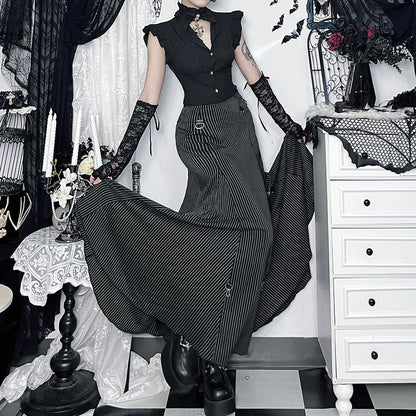 V-Neck Cap Sleeve Top & Striped Maxi A-Line Skirt Set