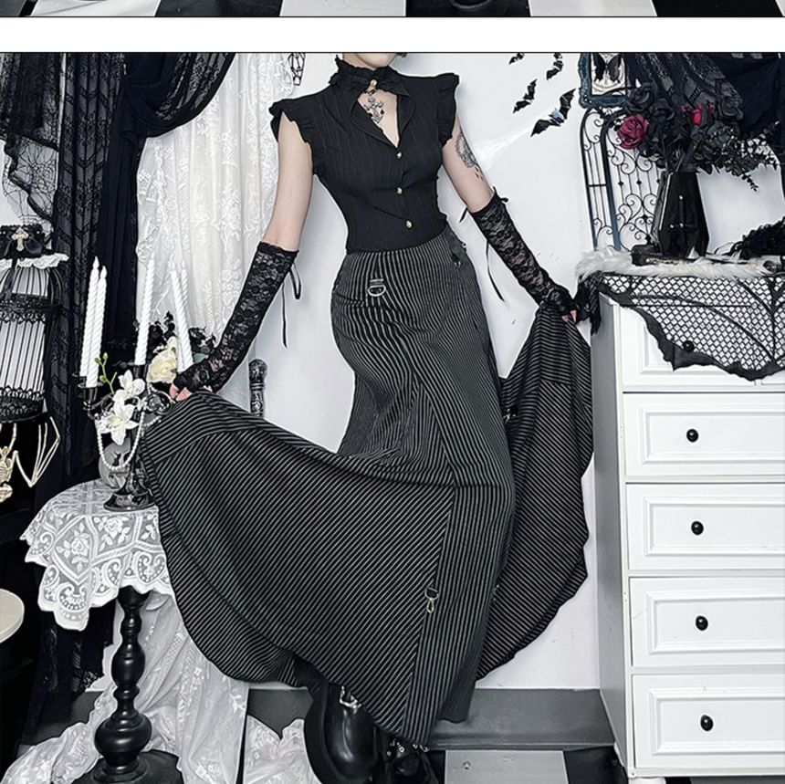 V-Neck Cap Sleeve Top & Striped Maxi A-Line Skirt Set
