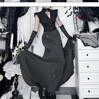 V-Neck Cap Sleeve Top & Striped Maxi A-Line Skirt Set