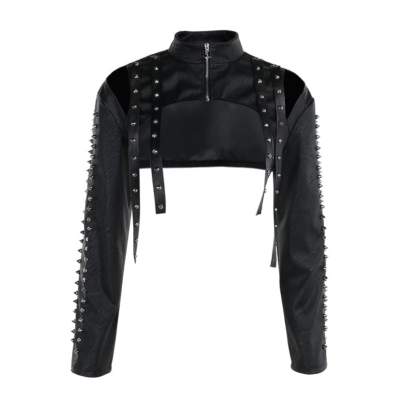 Sleeveless Faux Leather Zip-Up Crop Top - Long-Sleeve Shrug - Pencil Skirt