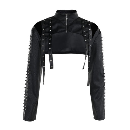 Sleeveless Faux Leather Zip-Up Crop Top - Long-Sleeve Shrug - Pencil Skirt