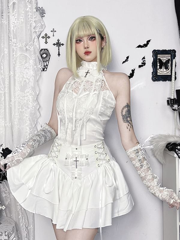 High Waist Lace-Up Mini A-Line Skirt