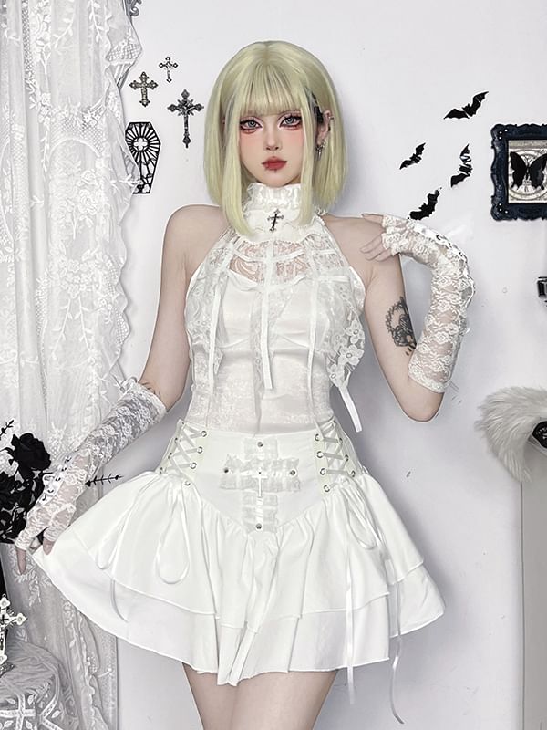 High Waist Lace-Up Mini A-Line Skirt