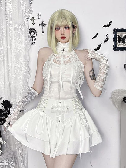 High Waist Lace-Up Mini A-Line Skirt