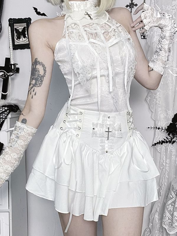 High Waist Lace-Up Mini A-Line Skirt
