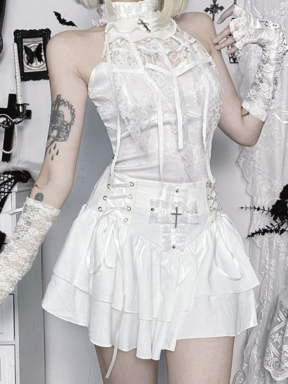 High Waist Lace-Up Mini A-Line Skirt