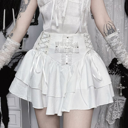 High Waist Lace-Up Mini A-Line Skirt