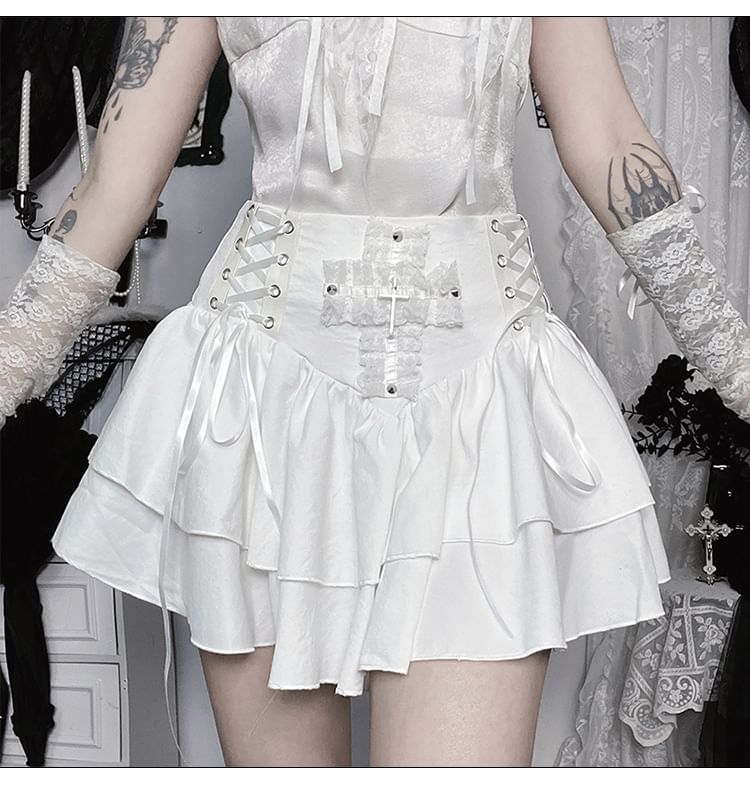 High Waist Lace-Up Mini A-Line Skirt