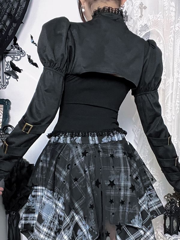 Shrug, Buckled Top & Asymmetrical Plaid Mini Skirt Set