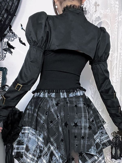 Shrug, Buckled Top & Asymmetrical Plaid Mini Skirt Set