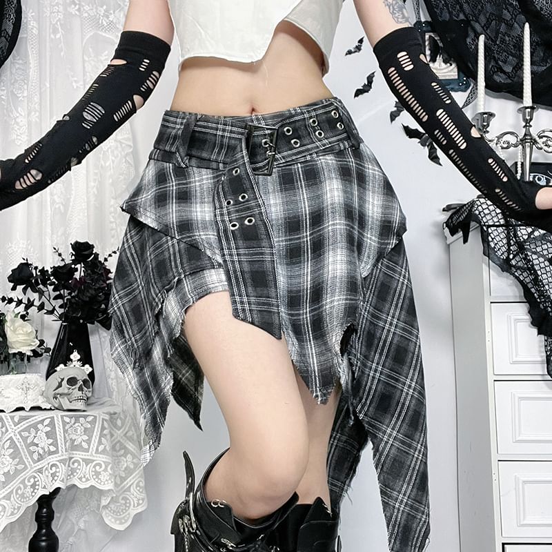 Shrug, Buckled Top & Asymmetrical Plaid Mini Skirt Set