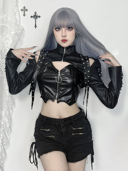 Long-Sleeve Faux Leather Studded Shrug - Sleeveless Crop Top - High Waist Mini Skirt